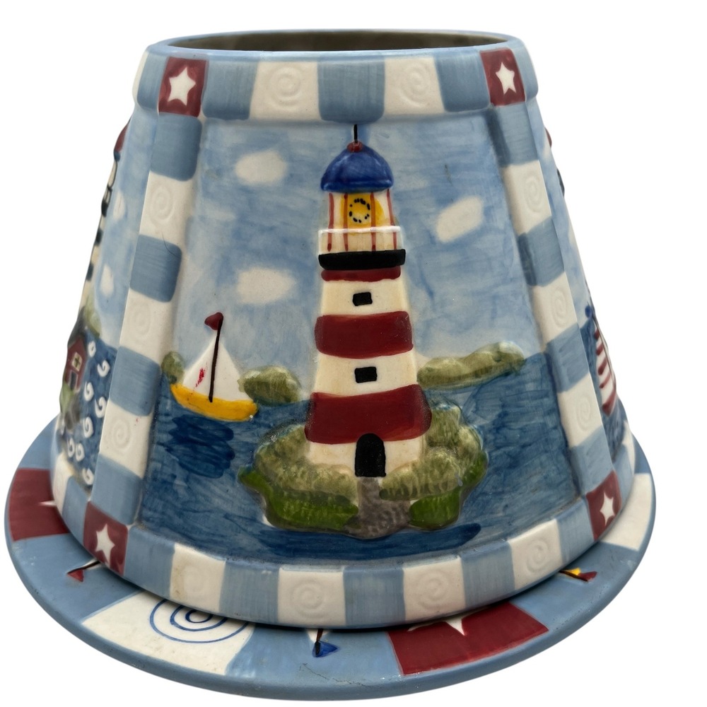 Yankee Candle Lighthouse Sailboat‎ Ceramic Jar Shade and Plate Set Nautical Blue